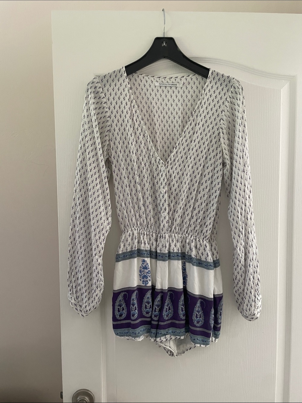 Faithfull the Brand White, Blue and Purple Printed Long Sleeve Bodysuit Romper